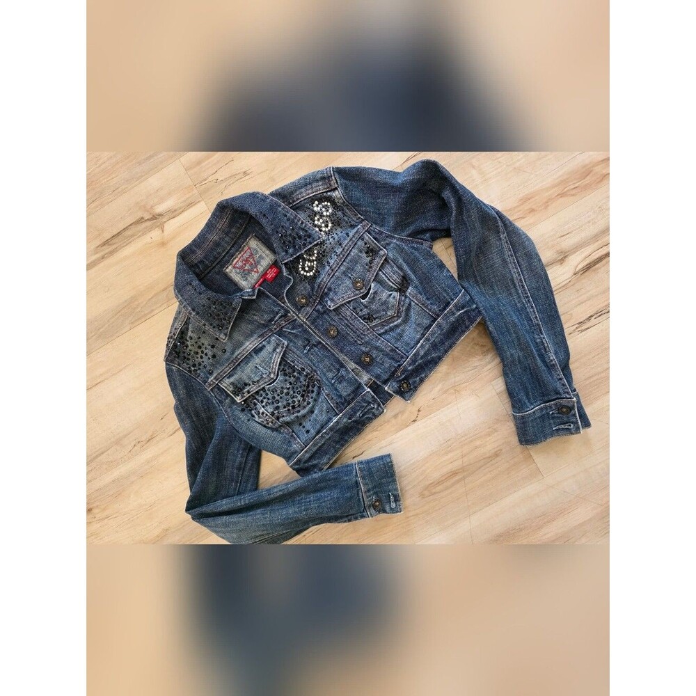 Guess Y2K 00s McBling Crop Denim Jean Jacket Sz M Streetwear Rhinestones